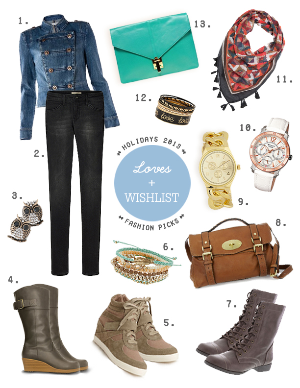 1. Mango Military-Style Denim Jacket / 2. UNIQLO Women Ultra Stretch Jeans / 3. Emma Stine Gold Crystal Owl Earrings / 4. Crocs Women's A-leigh Leather Boots in Espresso/Walnut. 5. Steve Madden Olympiaa Wedge Sneakers. 6. Aldo Gerarda Bracelets in Pastel Multi. 7. Payless Brash Women's Tanner Lace-Up Boots. 8. Mulberry The Alexa leather satchel. 9. Aldo Milici Gold Watch. 10. Casio Sheen Watch Model 3012GL-7A. 11. Mango Ethnic Print Tassels Scarf in Orange. 12. Call It Spring McGrail Rings in Midnight Black. 13. ASOS Leather Portfolio Clutch.